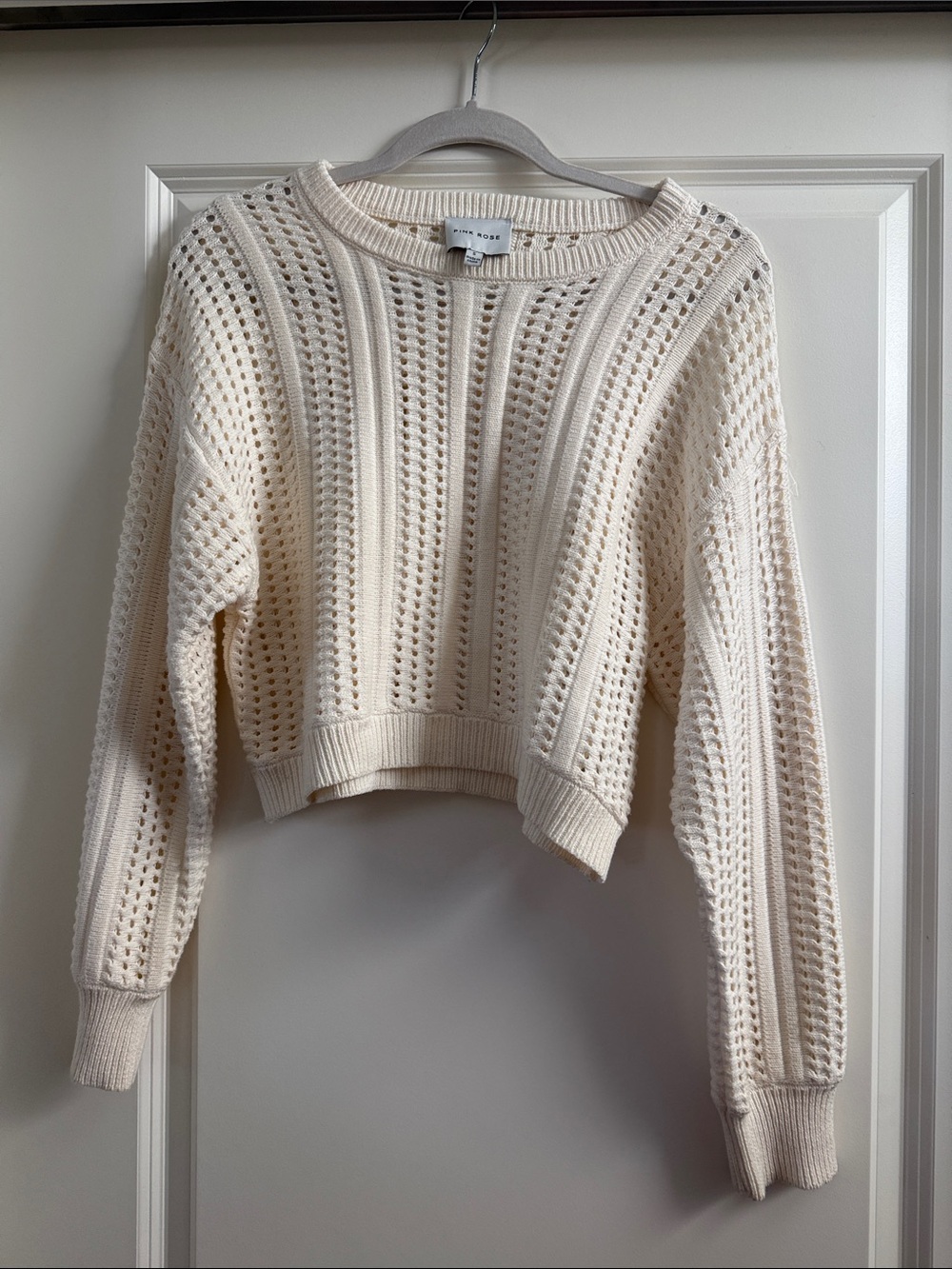 Pink Rose Cream Open-Knit Crew Sweater